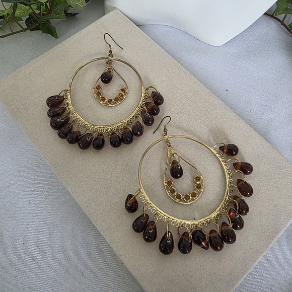 Large Statement Gold Hoop Earrings with Amber Glass Beads - Picture 1 of 14
